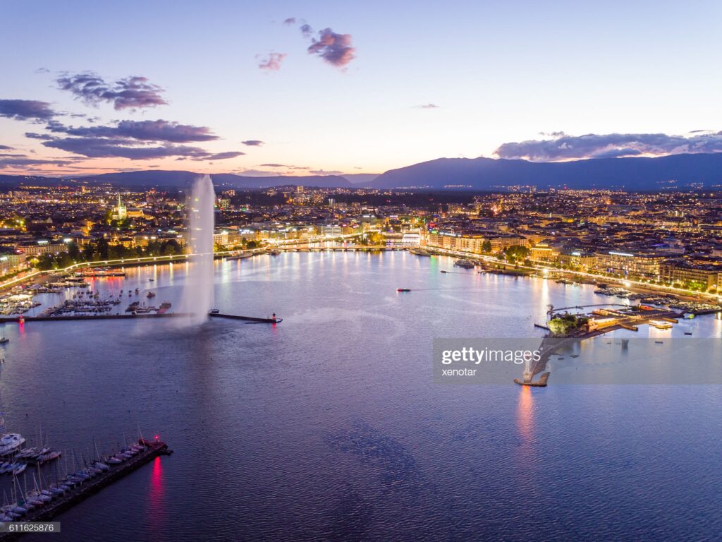 Geneva Cityscape Of Sunset In Summer, Switzerland Geneva cityscape of sunset in summer, Switzerland